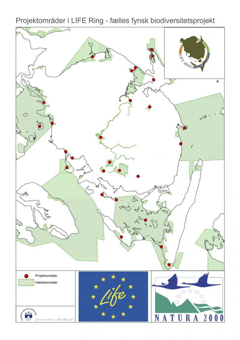 Kort over Fyn med LIFE Ring og Natura 2000 omra?der